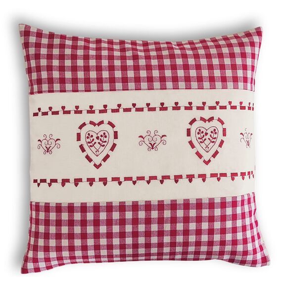 wometo Kissenhülle Zierkissen 40x40 OekoTex - Landhaus-Stil Dekokissen Sofakissen Stick Herz rot kariert, Karo rot Heller Hintergrund Reißverschluss