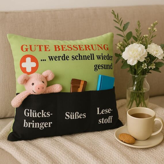 KAMACA Originelles Dekokissen Kissen mit 3 Taschen zum selber Befüllen Größe 43x43 cm tolles Geschenk (Gute Besserung)