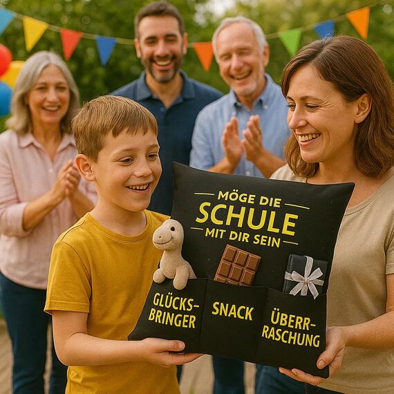 KAMACA Einschulungskissen mit Füllung Möge die Schule mit dir Sein Geschenk zur Einschulung für Jungen & Mädchen mit 3 Taschen für Glücksbringer Snack und Überraschung personalisierbar (Schule)