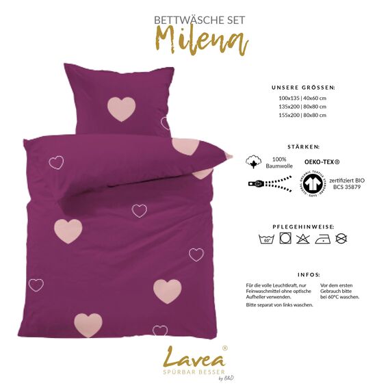 Lavea® Milena Bettwäsche Kinder Set, Kinderbettwäsche aus 100% Bio-Baumwolle, mit Herzmotiv, weiche Bezüge für Bettdecke und Kopfkissen, mit Reißverschluss, Bordeaux Rosa 135 x 200 cm und 80 x 80 cm