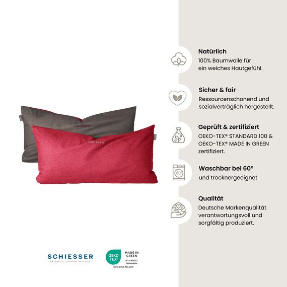 Schiesser Kissenhülle Doubleface im 2er Set | Renforcé | 100% Baumwolle aus nachhaltiger Produktion | 40x80cm | Rot-Dunkelgrau