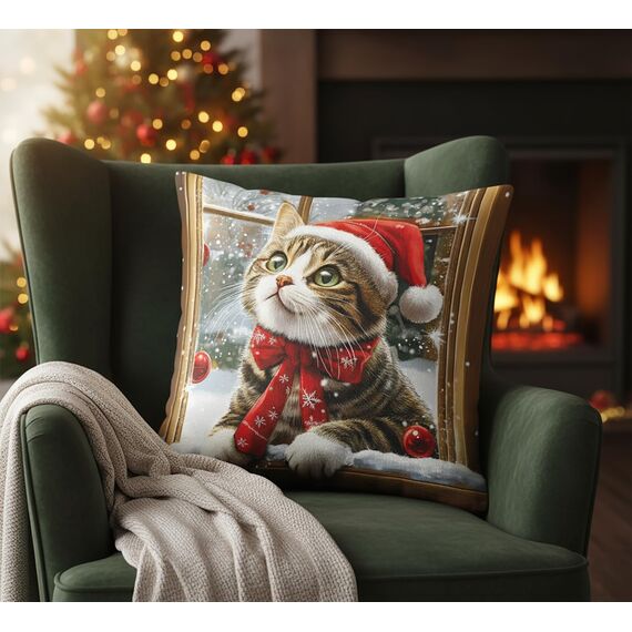 KAMACA Weihnachtskissen Katze 40x40 cm mit Füllung Deko-Kissen mit süßem Katzenmotiv & Reißverschluss Gefülltes Sofakissen Winter Weihnachten Kuschelig & dekorativ Geschenk (Katze am Fenster)