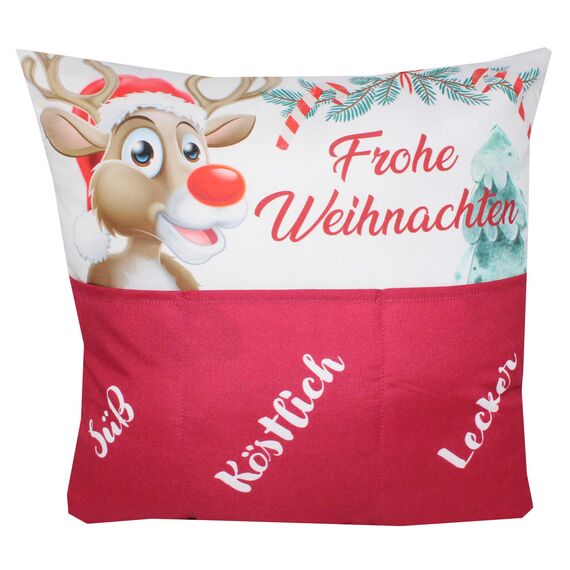 KAMACA Weihnachtskissen mit Kissenfüllung 43x43 cm festliches Dekokissen mit 3 Taschen zum Befüllen originelles Kinder Familie und Freunde Weihnachten Nikolaus (Rentier Rudi)