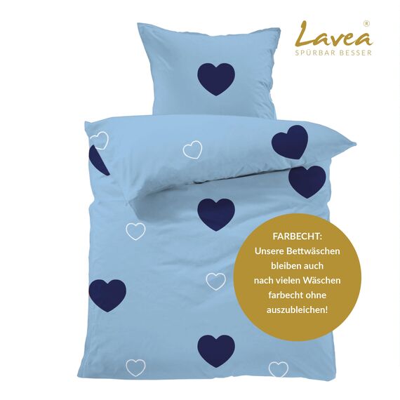 Lavea Matteo Bettwäsche Kinder Set, Kinderbettwäsche aus 100% Bio-Baumwolle, mit Herzmotiv, weiche Bezüge für Bettdecke und Kopfkissen, mit Reißverschluss, Hellblau Blau 135 x 200 cm und 80 x 80 cm