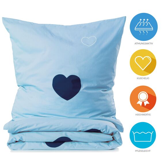 Lavea Matteo Bettwäsche Kinder Set, Kinderbettwäsche aus 100% Bio-Baumwolle, mit Herzmotiv, weiche Bezüge für Bettdecke und Kopfkissen, mit Reißverschluss, Hellblau Blau 135 x 200 cm und 80 x 80 cm