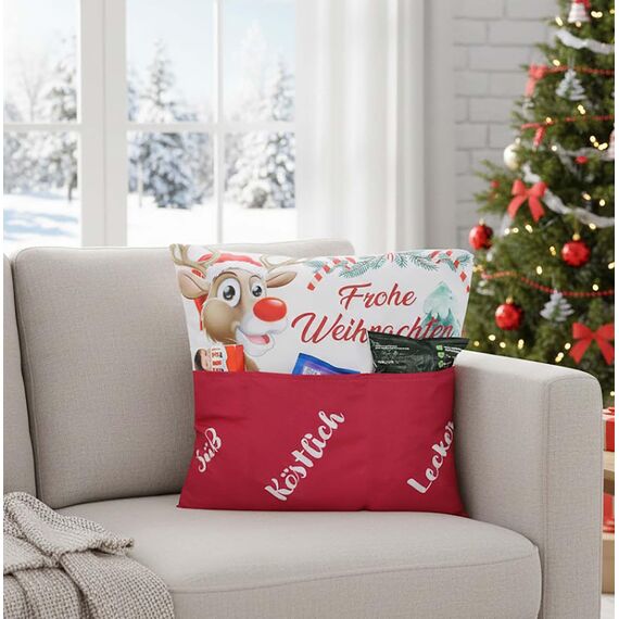 KAMACA Weihnachtskissen mit Kissenfüllung 43x43 cm festliches Dekokissen mit 3 Taschen zum Befüllen originelles Kinder Familie und Freunde Weihnachten Nikolaus (Rentier Rudi)