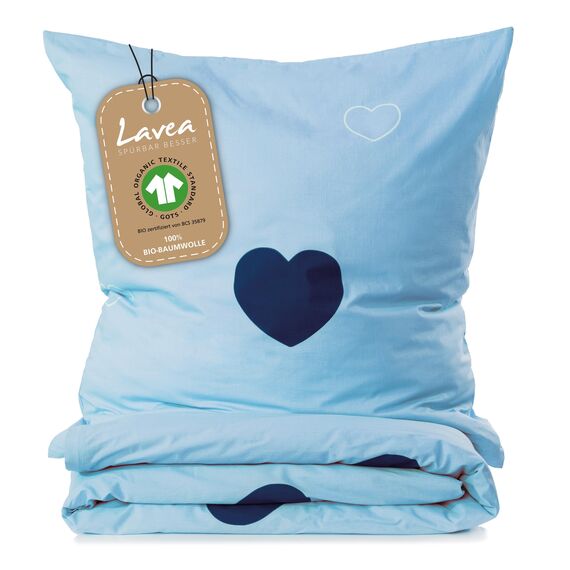 Lavea Matteo Bettwäsche Kinder Set, Kinderbettwäsche aus 100% Bio-Baumwolle, mit Herzmotiv, weiche Bezüge für Bettdecke und Kopfkissen, mit Reißverschluss, Hellblau Blau 155 x 220 cm und 80 x 80 cm