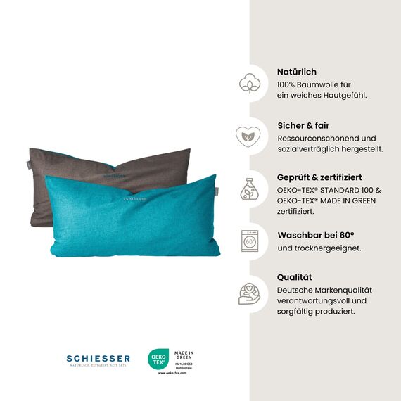 Schiesser Kissenhüllenset Doubleface - Renforcé - 2-teilig - 40 x 80 cm - Türkis-Dunkelgrau