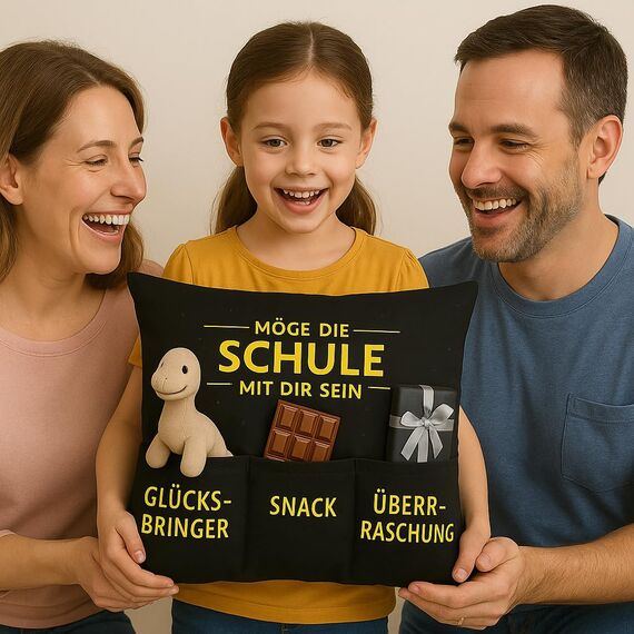 KAMACA Einschulungskissen mit Füllung Möge die Schule mit dir Sein Geschenk zur Einschulung für Jungen & Mädchen mit 3 Taschen für Glücksbringer Snack und Überraschung personalisierbar (Schule)