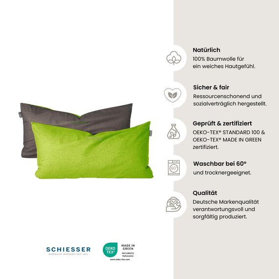 Schiesser Kissenhüllenset Doubleface - Renforcé - 2-teilig - 40 x 80 cm - Grün-Dunkelgrau
