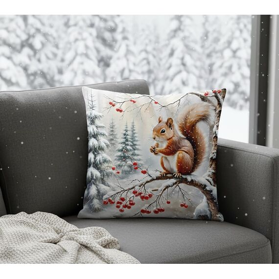 KAMACA Kissen Eichhörnchen 40x40 cm mit Füllung Deko-Kissen mit süßem Wintermotiv & Reißverschluss Gefülltes Sofakissen für Weihnachten, Winter & gemütliche Wohn-Dekoration (Eichhörnchen)