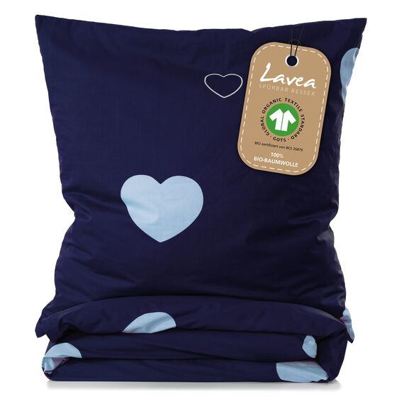 Lavea Emilio Bettwäsche Kinder Set, Kinderbettwäsche aus 100% Bio-Baumwolle, mit Herzmotiv, weiche Bezüge für Bettdecke und Kopfkissen, mit Reißverschluss, Blau Hellblau 135 x 200 cm und 80 x 80 cm