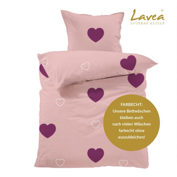 Lavea® Emilia Bettwäsche Kinder Set, Kinderbettwäsche aus 100% Bio-Baumwolle, mit Herzmotiv, weiche Bezüge für Bettdecke und Kopfkissen, mit Reißverschluss, Rosa Bordeaux 135 x 200 cm und 80 x 80 cm