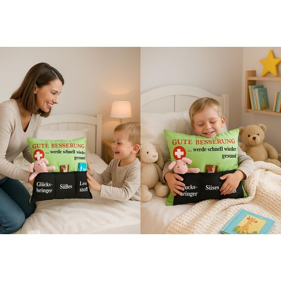 KAMACA Originelles Dekokissen Kissen mit 3 Taschen zum selber Befüllen Größe 43x43 cm tolles Geschenk (Gute Besserung)