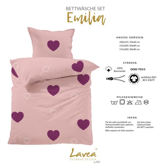 Lavea® Emilia Bettwäsche Kinder Set, Kinderbettwäsche aus 100% Bio-Baumwolle, mit Herzmotiv, weiche Bezüge für Bettdecke und Kopfkissen, mit Reißverschluss, Rosa Bordeaux 155 x 220 cm und 80 x 80 cm