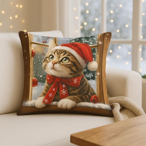 KAMACA Weihnachtskissen Katze 40x40 cm mit Füllung Deko-Kissen mit süßem Katzenmotiv & Reißverschluss Gefülltes Sofakissen Winter Weihnachten Kuschelig & dekorativ Geschenk (Katze am Fenster)