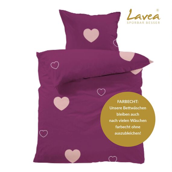 Lavea® Milena Bettwäsche Kinder Set, Kinderbettwäsche aus 100% Bio-Baumwolle, mit Herzmotiv, weiche Bezüge für Bettdecke und Kopfkissen, mit Reißverschluss, Bordeaux Rosa 155 x 220 cm und 80 x 80 cm