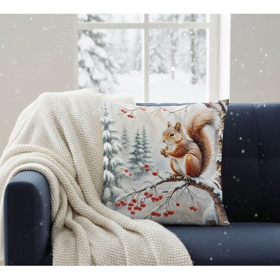 KAMACA Kissen Eichhörnchen 40x40 cm mit Füllung Deko-Kissen mit süßem Wintermotiv & Reißverschluss Gefülltes Sofakissen für Weihnachten, Winter & gemütliche Wohn-Dekoration (Eichhörnchen)