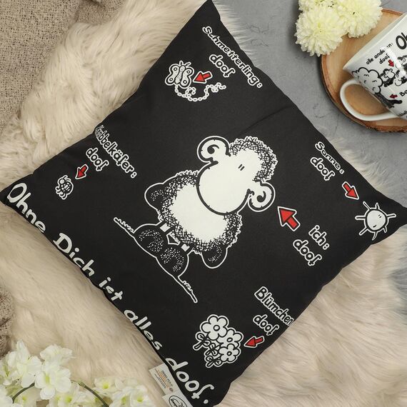 Sheepworld Kissen Ohne Dich ist Alles doof | Zierkissen, Baumwolle, 40 cm x 40 cm, schwarz | Kissen mit Spruch, Geschenk Liebe, Valentinstag | 40158