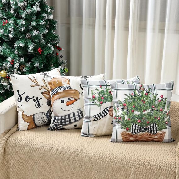 4er Set Kissenbezug Weihnachten, Weiß Und Grau Rentier Deko Weihnachten Kissenbezug 45x45cm,Weihnachtsdeko Kissenbezüge Kariert Für Christmas Decorations Indoor, Winter Deko Wohnzimmer Sofa Bettwäsche