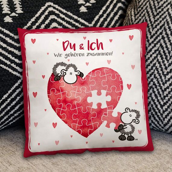 Sheepworld Kissen Motiv Du und ich | Zierkissen, Baumwolle, 40 cm x 40 cm | Kuschelkissen für Verliebte, Geschenk zum Valentinstag | 45323