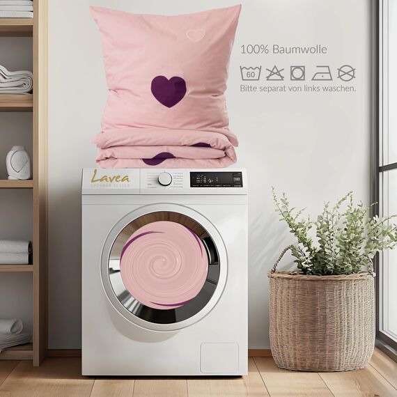 Lavea® Emilia Bettwäsche Kinder Set, Kinderbettwäsche aus 100% Bio-Baumwolle, mit Herzmotiv, weiche Bezüge für Bettdecke und Kopfkissen, mit Reißverschluss, Rosa Bordeaux 155 x 220 cm und 80 x 80 cm