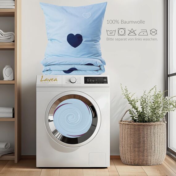 Lavea Matteo Bettwäsche Kinder Set, Kinderbettwäsche aus 100% Bio-Baumwolle, mit Herzmotiv, weiche Bezüge für Bettdecke und Kopfkissen, mit Reißverschluss, Hellblau Blau 135 x 200 cm und 80 x 80 cm