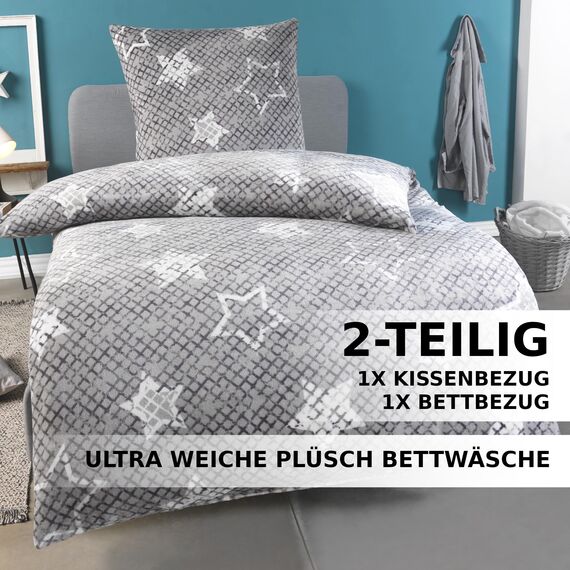 MALIKA Winter Plüsch Bettwäsche Nicky-Teddy Cashmere Coral Fleece 135x200 155x220 200x200 Kissenbezug 80x80 Verschiedene Muster, Größe:135 x 200 cm, Design - Motiv:Star Silber