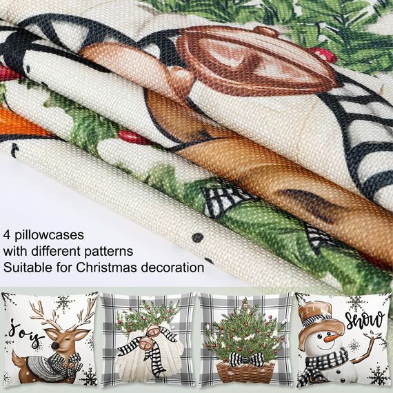 4er Set Kissenbezug Weihnachten, Weiß Und Grau Rentier Deko Weihnachten Kissenbezug 45x45cm,Weihnachtsdeko Kissenbezüge Kariert Für Christmas Decorations Indoor, Winter Deko Wohnzimmer Sofa Bettwäsche