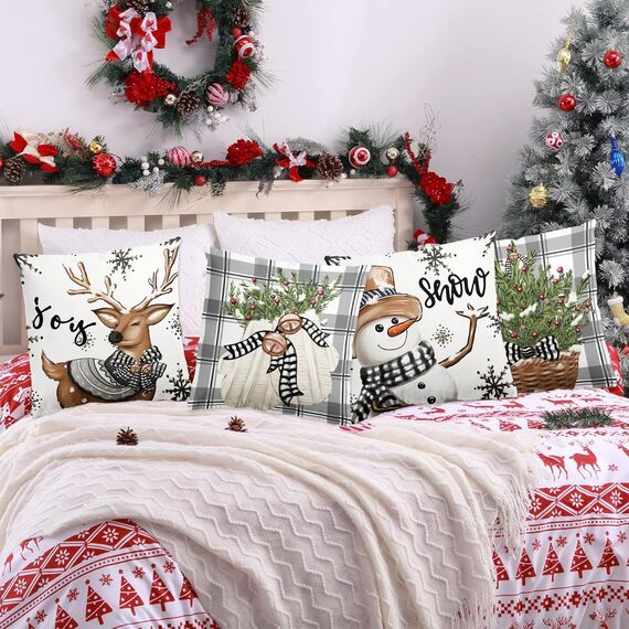 4er Set Kissenbezug Weihnachten, Weiß Und Grau Rentier Deko Weihnachten Kissenbezug 45x45cm,Weihnachtsdeko Kissenbezüge Kariert Für Christmas Decorations Indoor, Winter Deko Wohnzimmer Sofa Bettwäsche