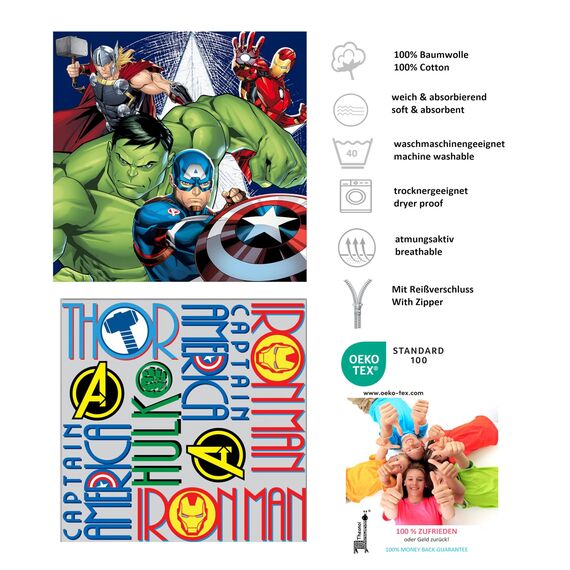 Theonoi Kinder Baby Kissenbezug Kissenhülle ohne Füllung ohne Kissen aus Baumwolle mit Reißverschluss Verschiedene Motive (Avengers)
