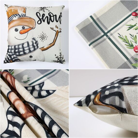 4er Set Kissenbezug Weihnachten, Weiß Und Grau Rentier Deko Weihnachten Kissenbezug 45x45cm,Weihnachtsdeko Kissenbezüge Kariert Für Christmas Decorations Indoor, Winter Deko Wohnzimmer Sofa Bettwäsche