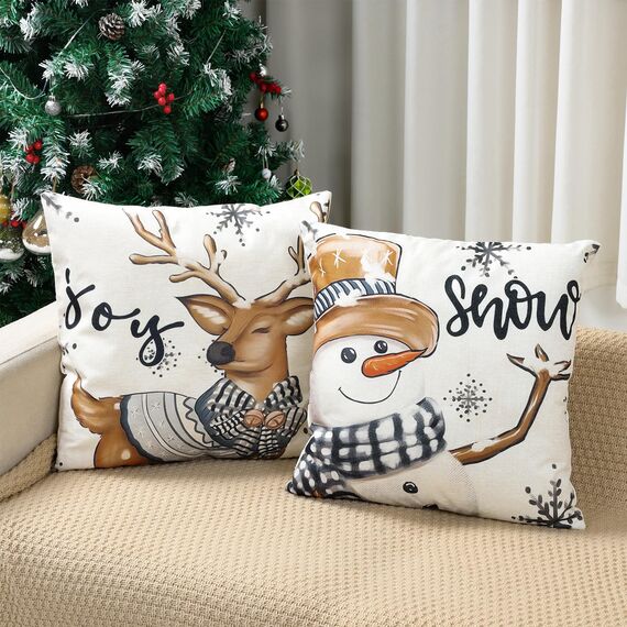 4er Set Kissenbezug Weihnachten, Weiß Und Grau Rentier Deko Weihnachten Kissenbezug 45x45cm,Weihnachtsdeko Kissenbezüge Kariert Für Christmas Decorations Indoor, Winter Deko Wohnzimmer Sofa Bettwäsche