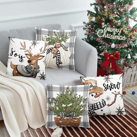 4er Set Kissenbezug Weihnachten, Weiß Und Grau Rentier Deko Weihnachten Kissenbezug 45x45cm,Weihnachtsdeko Kissenbezüge Kariert Für Christmas Decorations Indoor, Winter Deko Wohnzimmer Sofa Bettwäsche