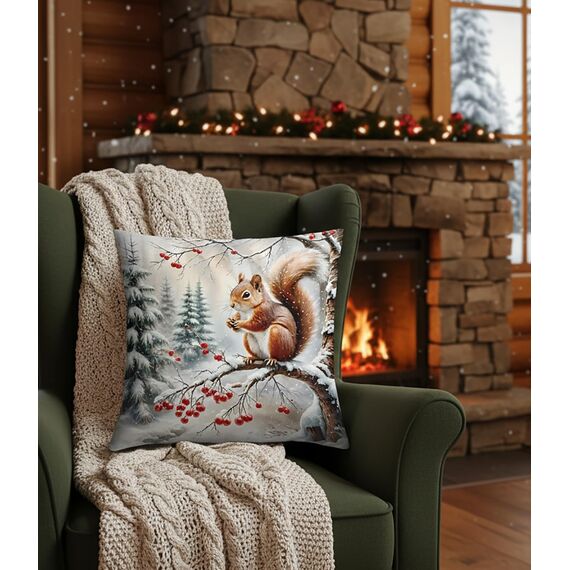 KAMACA Kissen Eichhörnchen 40x40 cm mit Füllung Deko-Kissen mit süßem Wintermotiv & Reißverschluss Gefülltes Sofakissen für Weihnachten, Winter & gemütliche Wohn-Dekoration (Eichhörnchen)