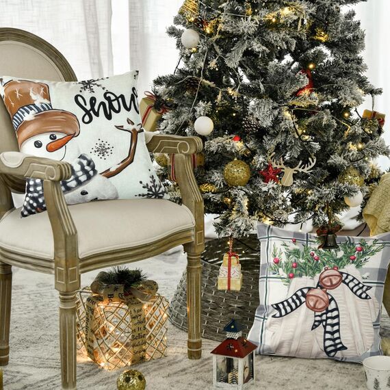 Christmas Kissenbezug 40x40,Grau Rentier Schneemann Deko Weihnachten Kissenbezug 4er Set,Leinen Kissenhülle Kariert Für Weihnachtsdeko Innen Outdoor, Wohnzimmer Couch Weinachtsdekorationen Bettwäsche