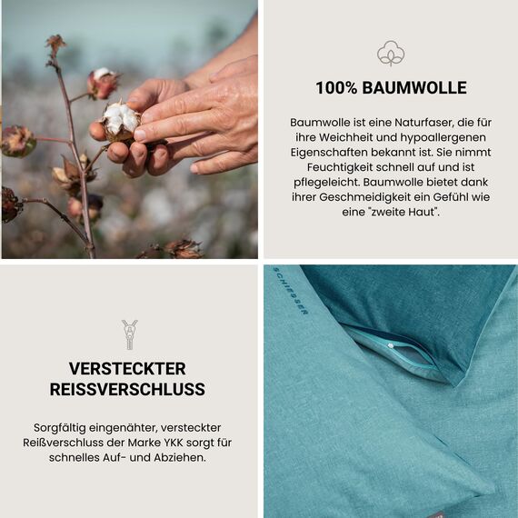 Schiesser Kissenhüllenset Doubleface | 2-teilig | Zweifarbig | Renforcé | 100% Baumwolle | Oeko-Tex Zertifiziert | Reißverschluss | 40x80cm | Türkis