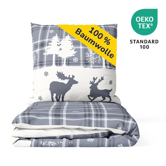 Träumschön Biber Bettwäsche Set 2tlg 155x220 cm + 80x80 cm – Flauschige Winterbettwäsche Grau – Weiche Winterbettwäsche mit Rentieren - Atmungsaktiv, Warm & Hautfreundlich - 100% Baumwolle