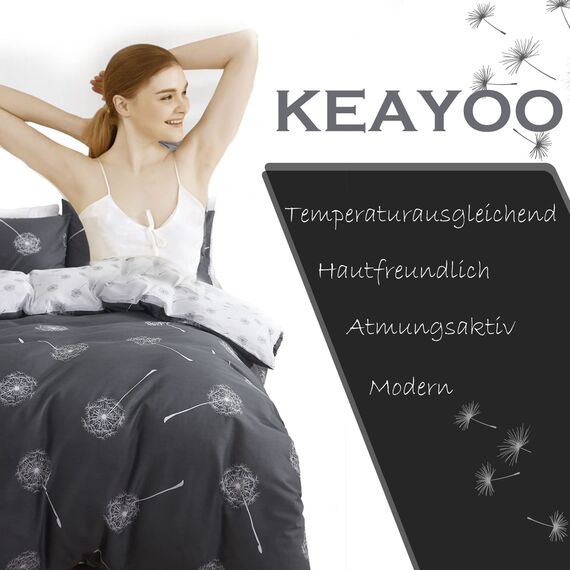 KEAYOO Bettwäsche 155x220 Baumwolle für Winter bis Sommer Grau Weiß Wendebettwäsche Pusteblume Muster 100% Baumwolle Soft Touch mit Reißverschluss 2teilig Set