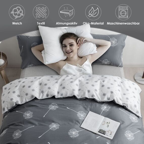 KEAYOO Bettwäsche 135x200 Grau Weiß Wendebettwäsche Pusteblume Muster 100% Baumwolle für Sommer bis Winter Soft Touch mit Reißverschluss 4teilig Set