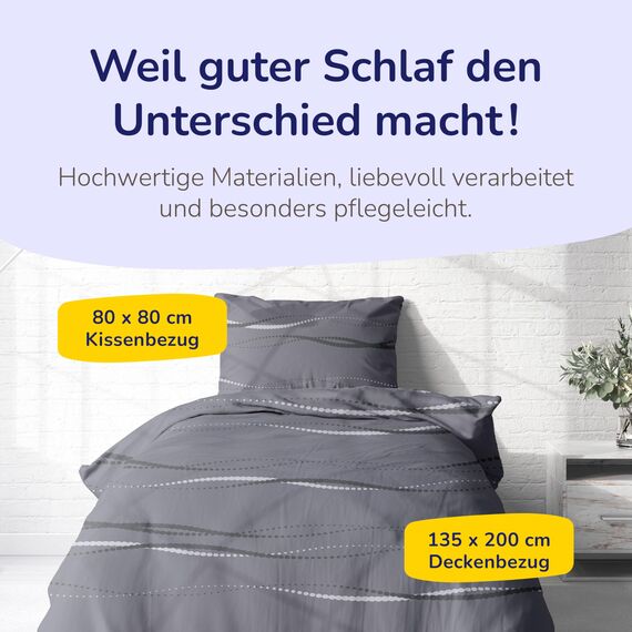 Träumschön Biber Bettwäsche Set 2tlg 155x220 cm + 80x80 cm – Flauschige Bettwäsche Anthrazit – Weiche Winterbettwäsche mit Wellen Design - Atmungsaktiv, Warm & Hautfreundlich - 100% Baumwolle