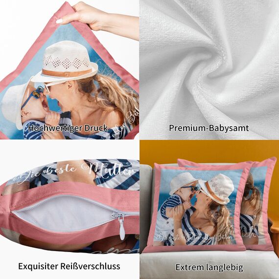 Easycosy Personalisiertes Kissen aus Premium Samt mit Foto, Doppelseitiger FotoKissen-Bezug mit 2 Fotos & Text Bedrucken alsValentinstag Foto Geschenke für Sie ihn-ohne Kissenfüllung (55 x 55 cm)