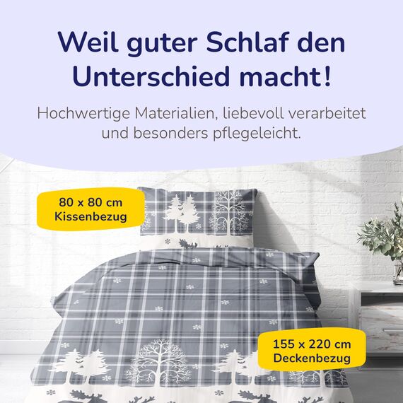 Träumschön Biber Bettwäsche Set 2tlg 155x220 cm + 80x80 cm – Flauschige Winterbettwäsche Grau – Weiche Winterbettwäsche mit Rentieren - Atmungsaktiv, Warm & Hautfreundlich - 100% Baumwolle