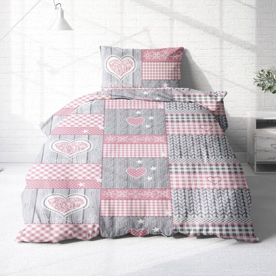 Träumschön Biber Bettwäsche Set 2tlg 135x200 cm + 80x80 cm – Flauschige Blumen Bettwäsche Rosa – Weiche Winterbettwäsche mit Herzen - Atmungsaktiv, Warm & Hautfreundlich - 100% Baumwolle