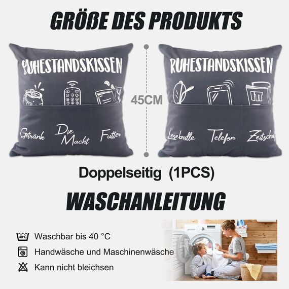 45 x 45cm Zierkissenbezug mit 6 Taschen Ruhestandskissen Lustige Männer Kissenbezug zum Befüllen Kissenhülle Geschenk Zierkissenhülle zum Geburtstag Dekokissenhülle Weihnachten Sofakissenhülle