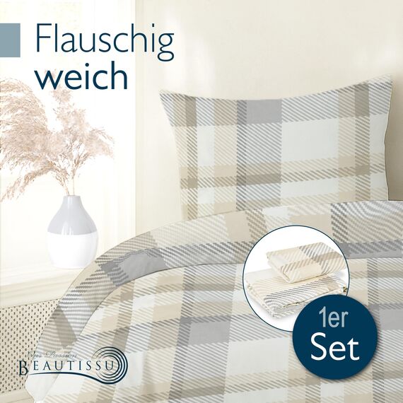 Beautissu Biber Bettwäsche 155x220 cm 2teilig Mira – Warme Flanell Winterbettwäsche Biberbettwäsche Bettbezug & Kissenbezug 80x80 cm, Warme Feinbiber Bettwäsche 155x220 Bettwäsche-Sets Beige