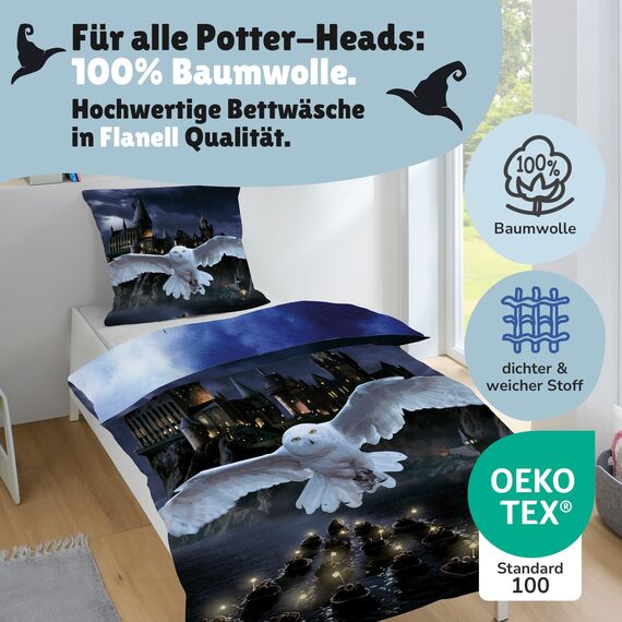 Biber/Flanell Bettwäsche-Set Harry Potter 135x200 80x80 cm · Kinderbettwäsche aus 100% Baumwolle · Motiv mit Eule Hedwig und Hogwarts Wappen · Winter-Bettwäsche zum Wenden