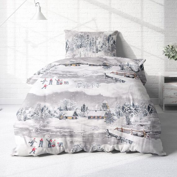 Träumschön Biber Bettwäsche Set 2tlg 155x220 cm + 80x80 cm – Flauschige Winterbettwäsche Silber – Weiche Winterbettwäsche mit Schneelandschaft - Atmungsaktiv, Warm & Hautfreundlich - 100% Baumwolle