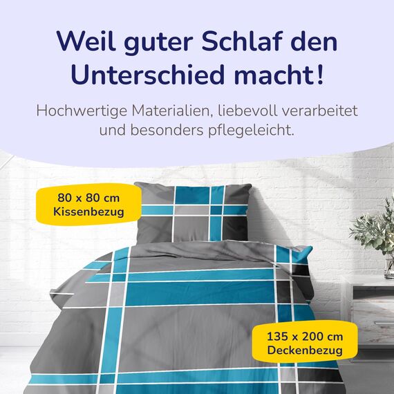 Träumschön Biber Bettwäsche 135x200 4tlg - Bettwäsche-Set im Karo Design - Biber Bettwäsche 135x200 cm & Kissen 80x80 - Kuschelige Bettwäsche