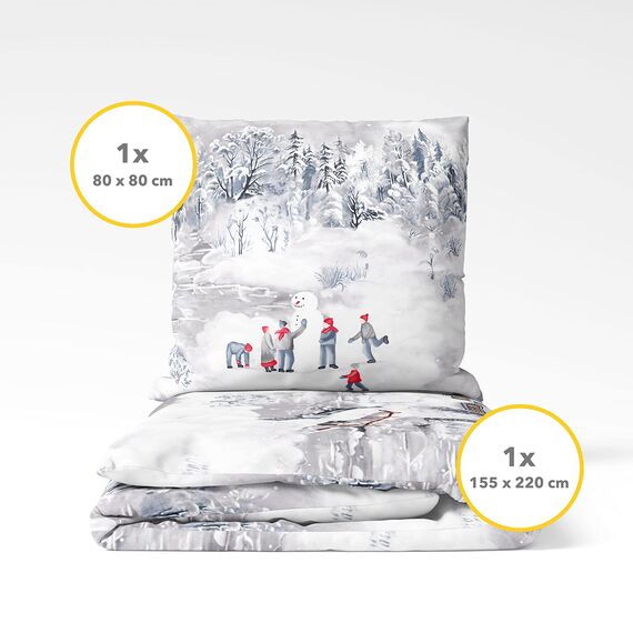 Träumschön Biber Bettwäsche Set 2tlg 155x220 cm + 80x80 cm – Flauschige Winterbettwäsche Silber – Weiche Winterbettwäsche mit Schneelandschaft - Atmungsaktiv, Warm & Hautfreundlich - 100% Baumwolle